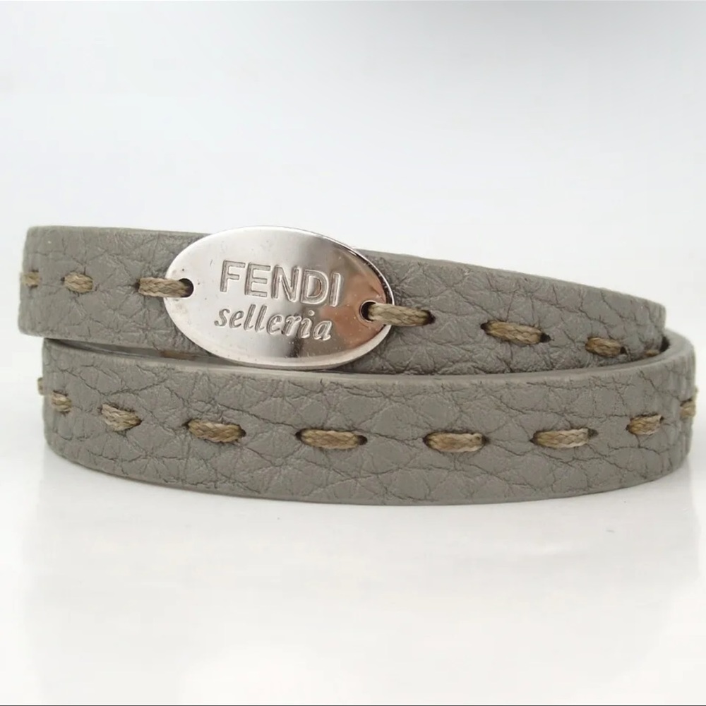 AUTH FENDI Selleria Leather Bracelet Wrap Blue Gray Teal